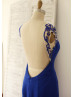 Beaded Royal Blue Chiffon Backless Prom Dress